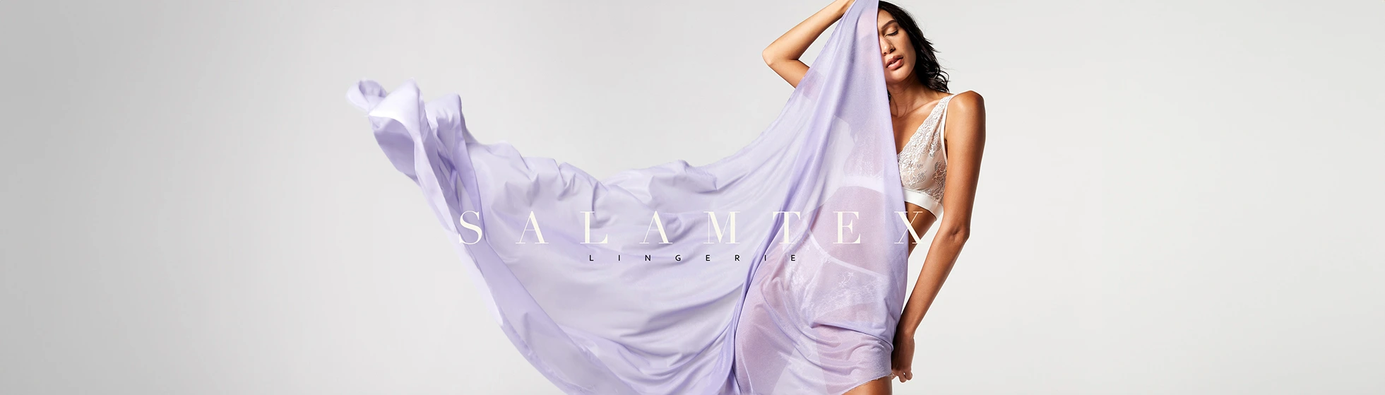 SALAMTEX LINGERIE LOOKBOOK PHOTOGRAPHY , A woman in lingerie posing with a purple scarf.